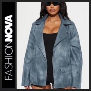 NWT Fashion Nova Hot Fix Faux Leather Oversized Moto Jacket~Dusty Blue